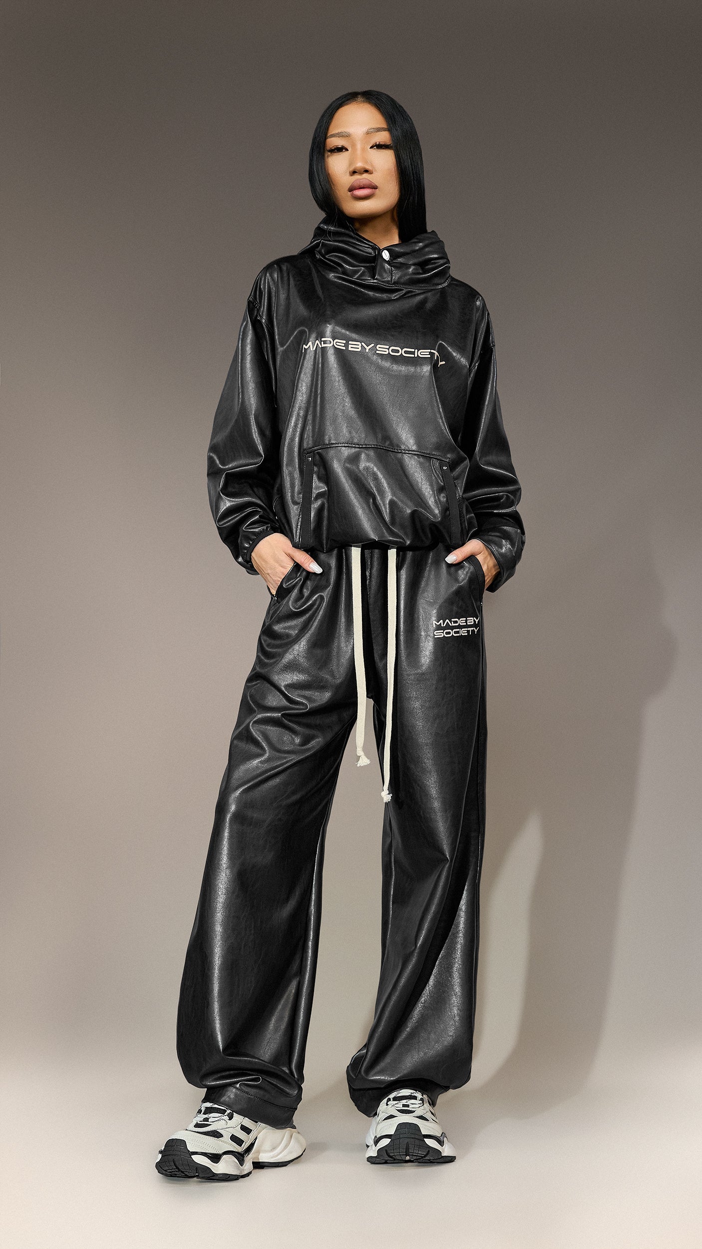 Black Faux Leather Hoodie - H25842