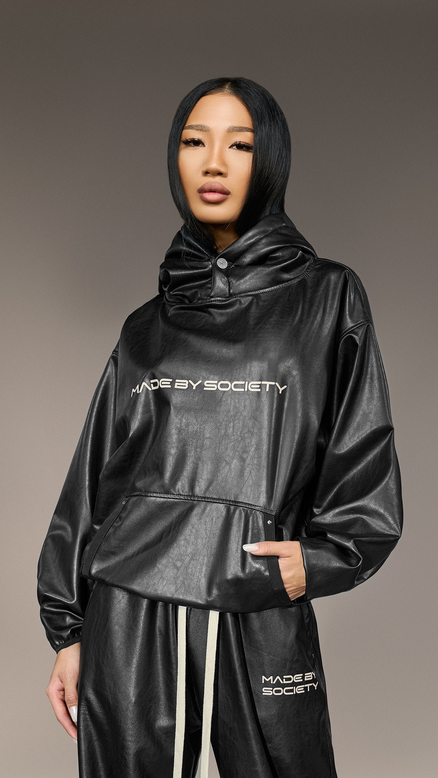 Black Faux Leather Hoodie - H25842