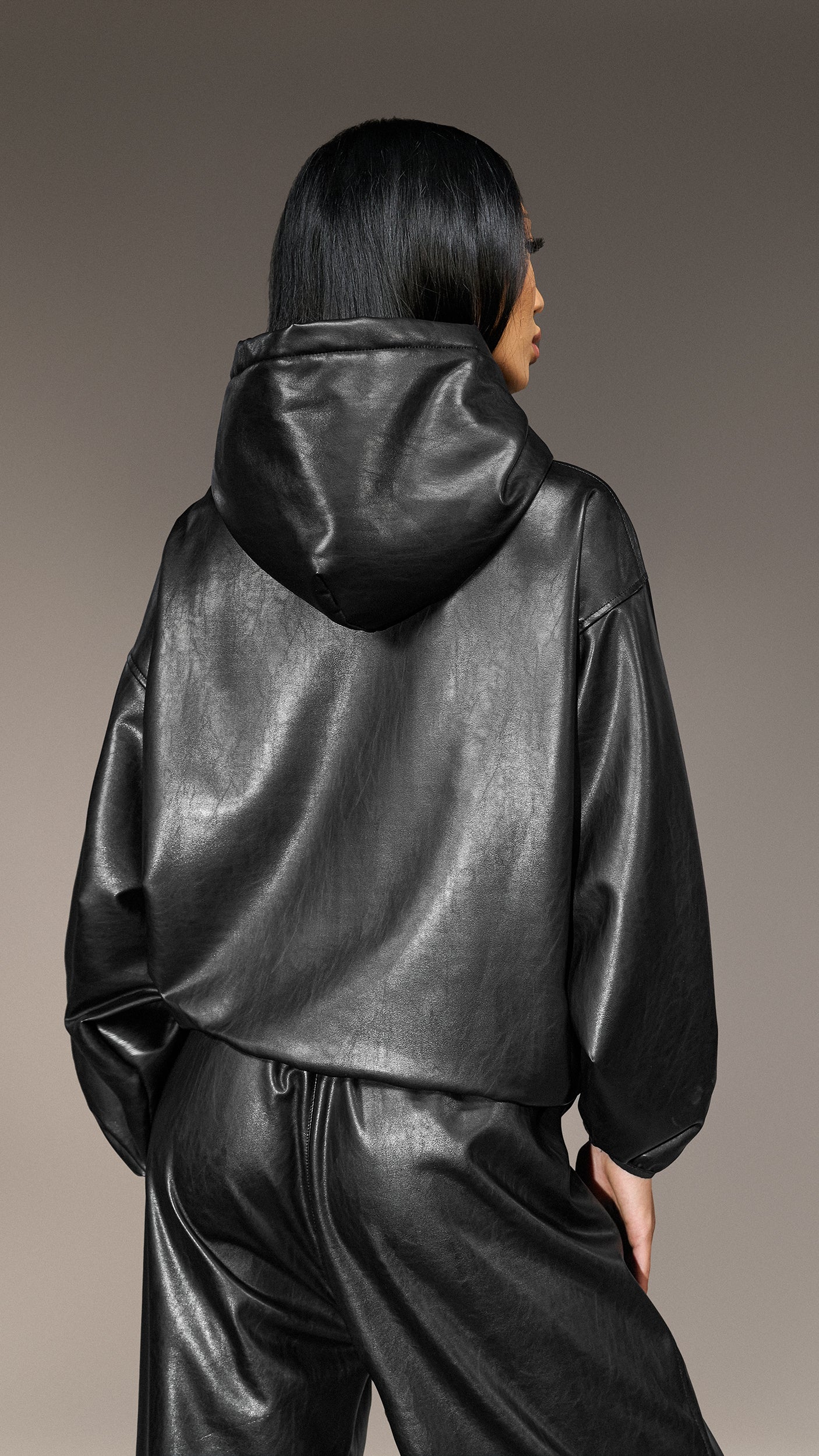 Black Faux Leather Hoodie - H25842